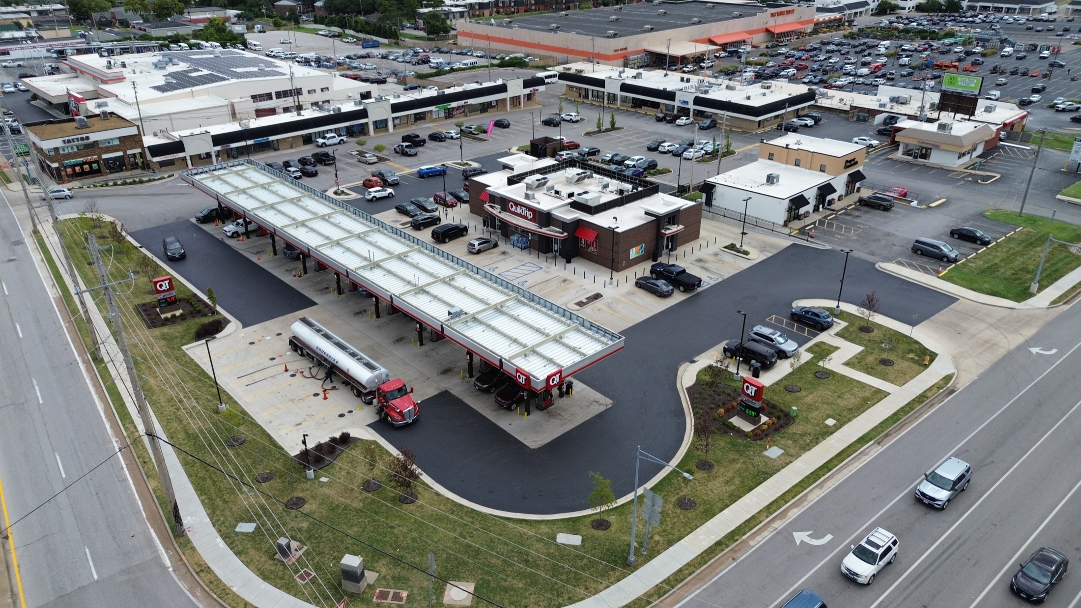 Aerial view of the sealcoated QuikTrip parking lot